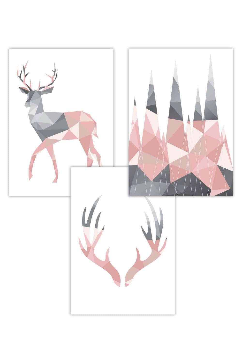Set of 3 Geometric Blush Pink Grey Stags Set Art Posters